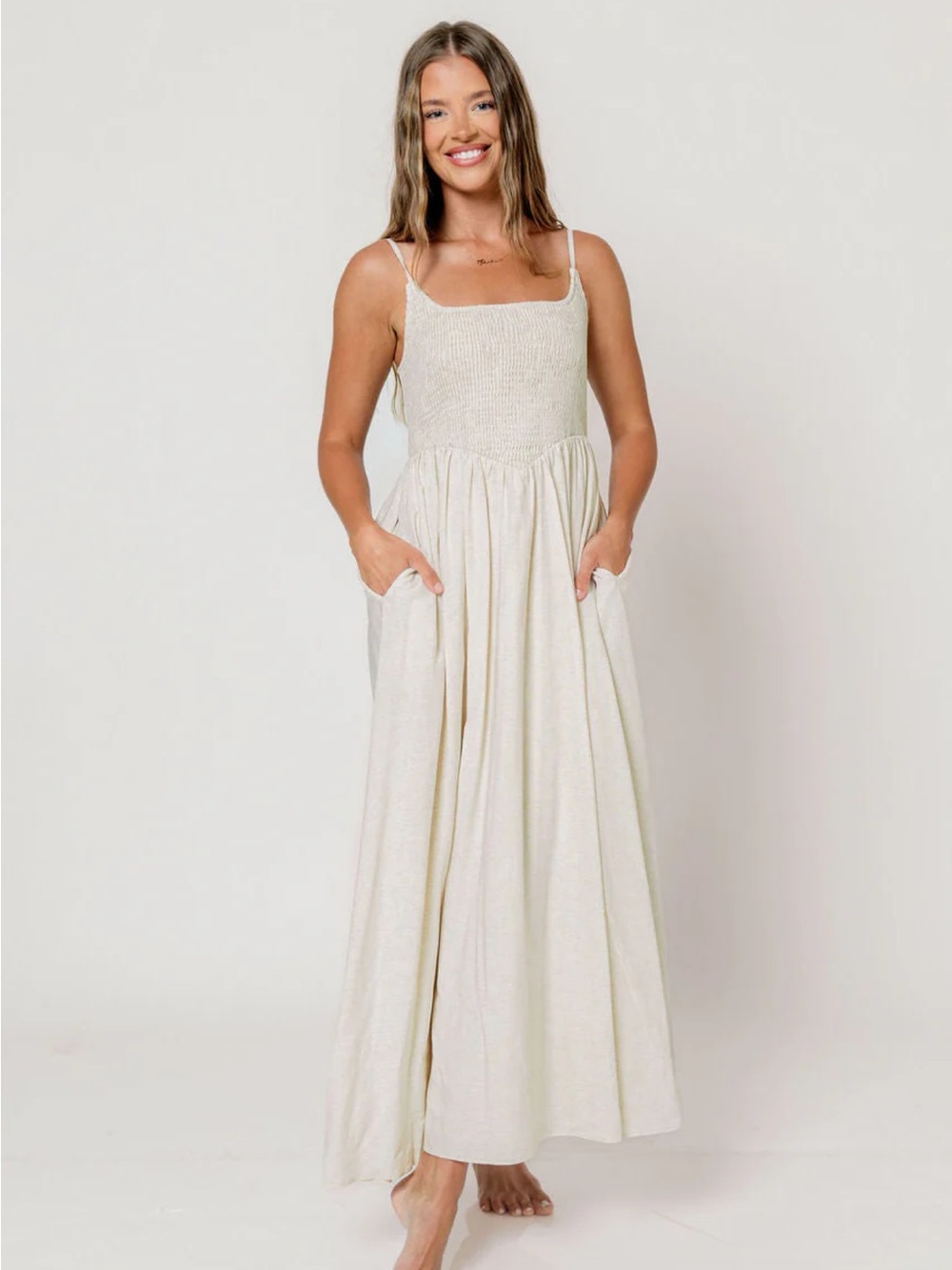 Smocked Spaghetti-Strap Maxi Dress in Cream